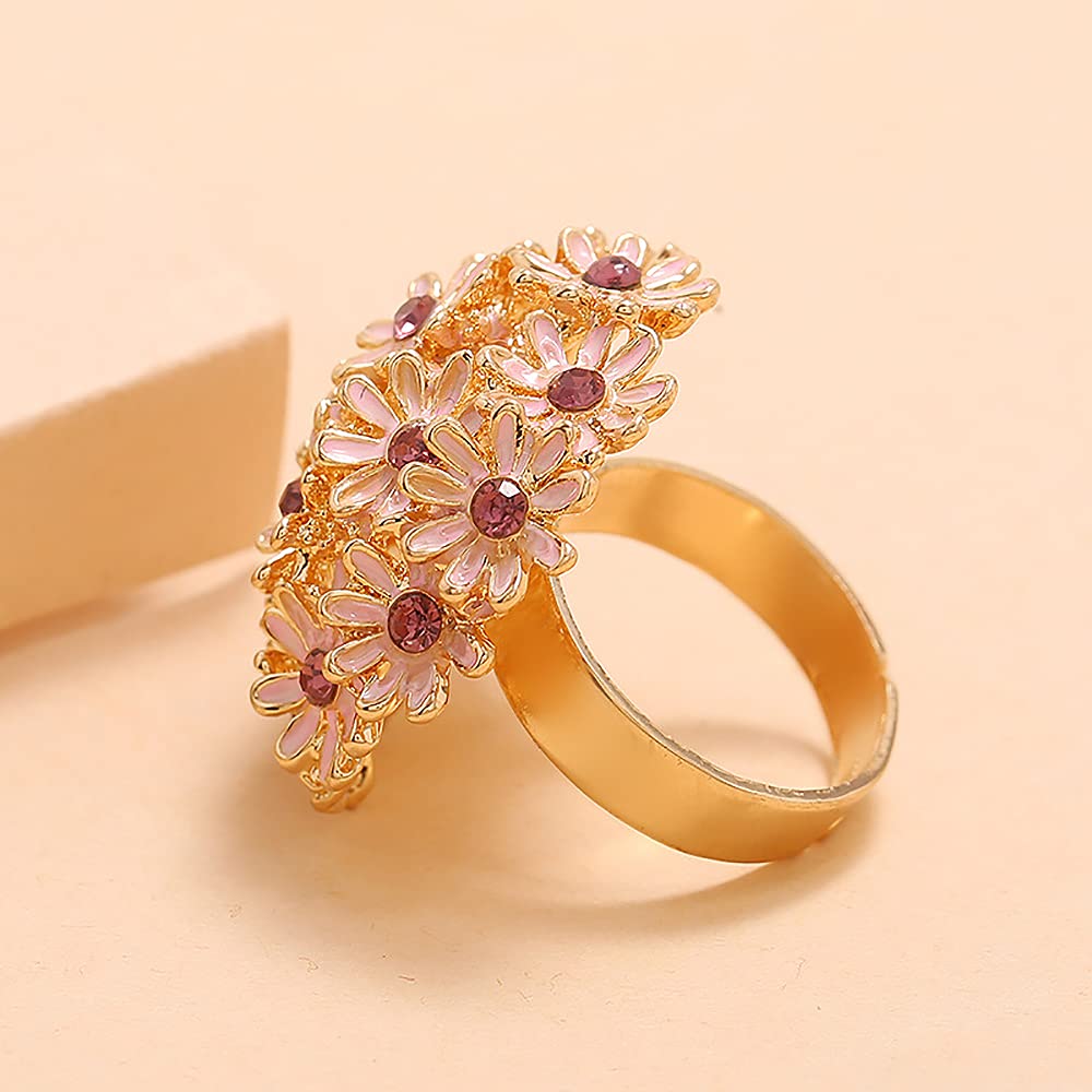 Exquisite Daisy Flower Statement Ring for Women Gold Plated Pink Cubic Zirconia Open Band Wrap Expandable Adjustable Big Finger Rings Comfort Fit Indian Style Exaggerated Mother's Day Jewelry