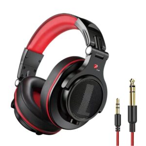 prosonic dj2r over ear headphone, wired bass headset with 40mm driver, foldable lightweight headphones with shareport and mic for recording monitoring mixing podcast guitar pc tv (black red)