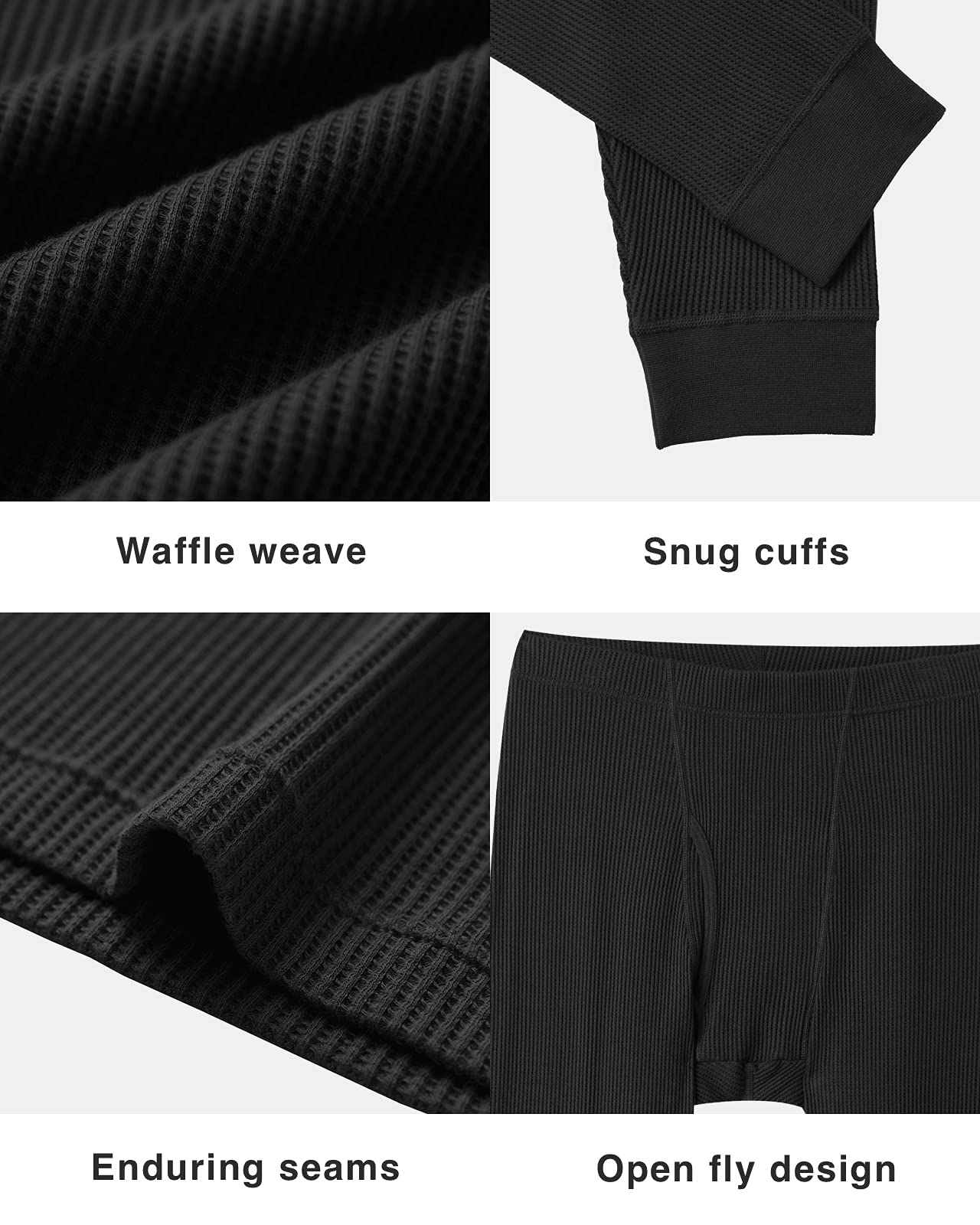 LAPASA Men's Cotton Waffle Thermal Underwear Set Top Long Sleeve Warm Long Johns Base Layer Shirt & Bottom Cold Weather Midweight M60 Medium Black