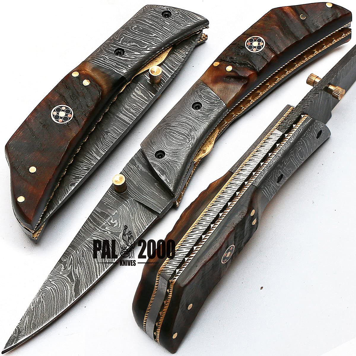 PAL 2000 HUNTING KNIVES Mmgn-8837 - Damascus Folding Knife - Handmade Damascus Steel - Damascus Pocket Knife - Ram Horn Handle, Black, Brown and Gray,