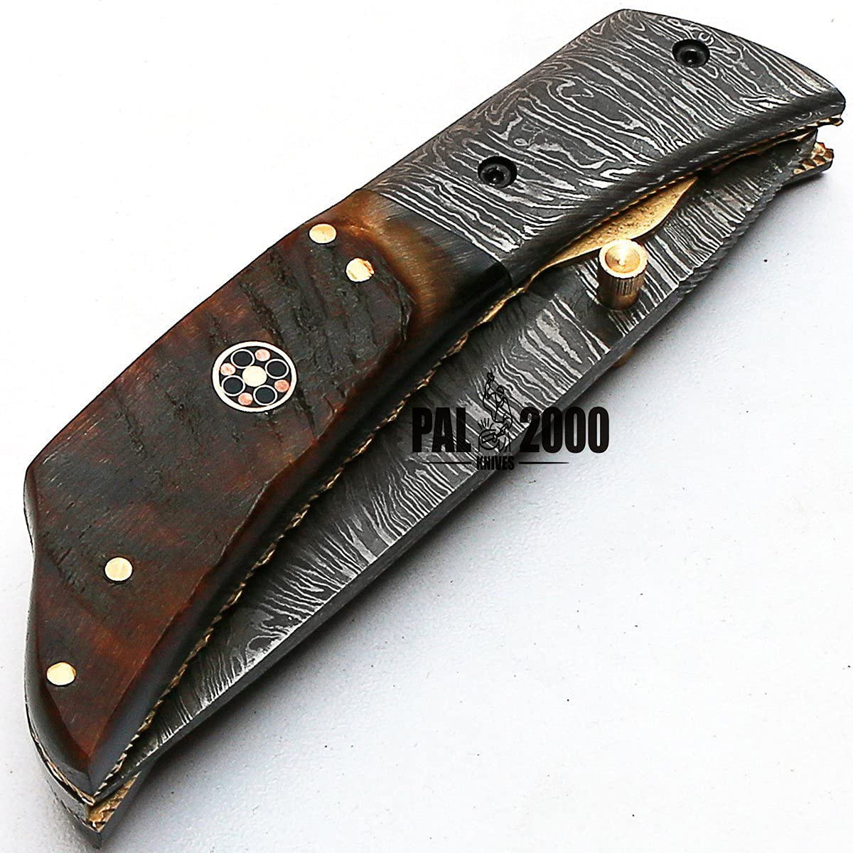 PAL 2000 HUNTING KNIVES Mmgn-8837 - Damascus Folding Knife - Handmade Damascus Steel - Damascus Pocket Knife - Ram Horn Handle, Black, Brown and Gray,