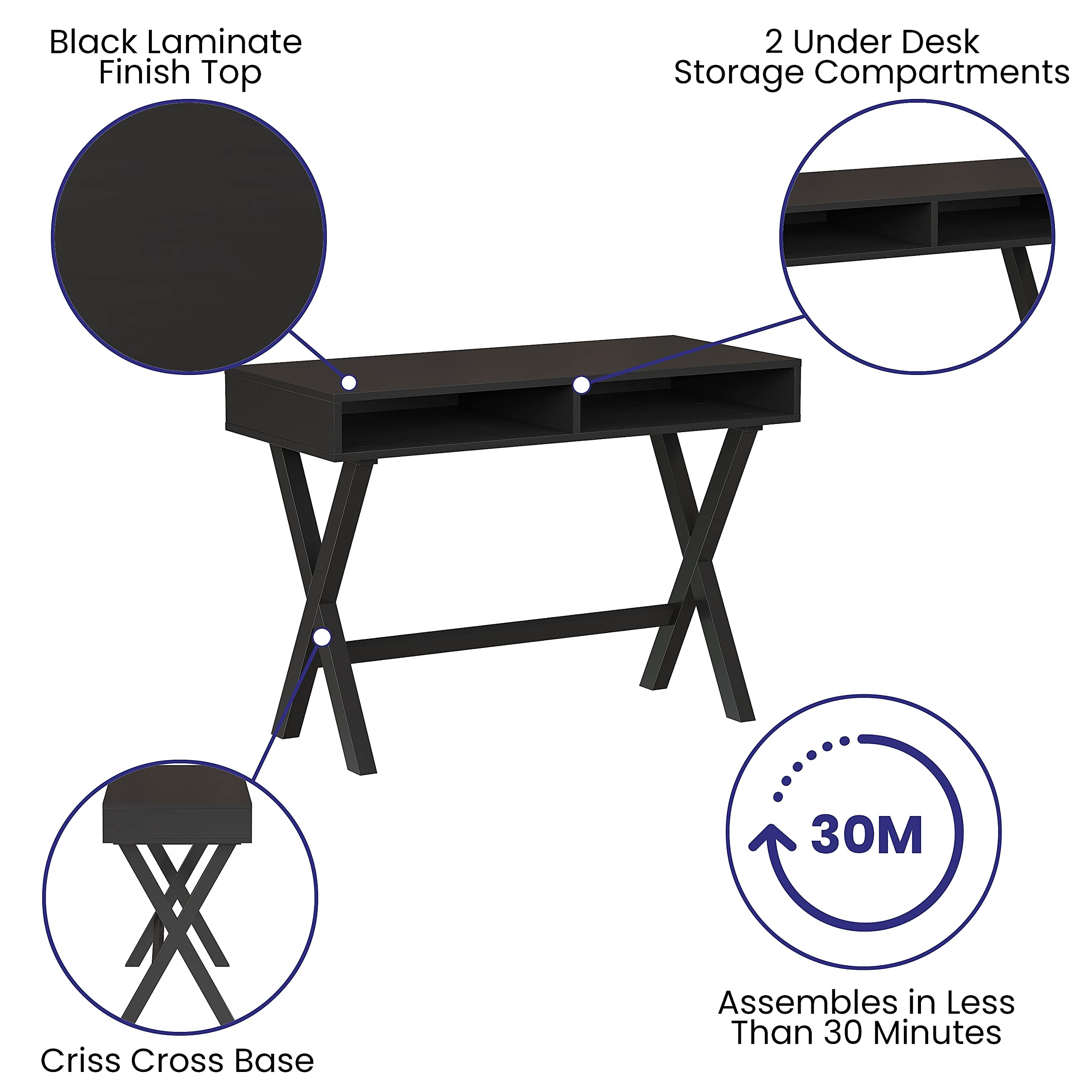 Flash Furniture Dolly Computer Desk - Black Writing Desk with Open Storage Compartments - 42" Long Home Office Desk Table for Bedroom