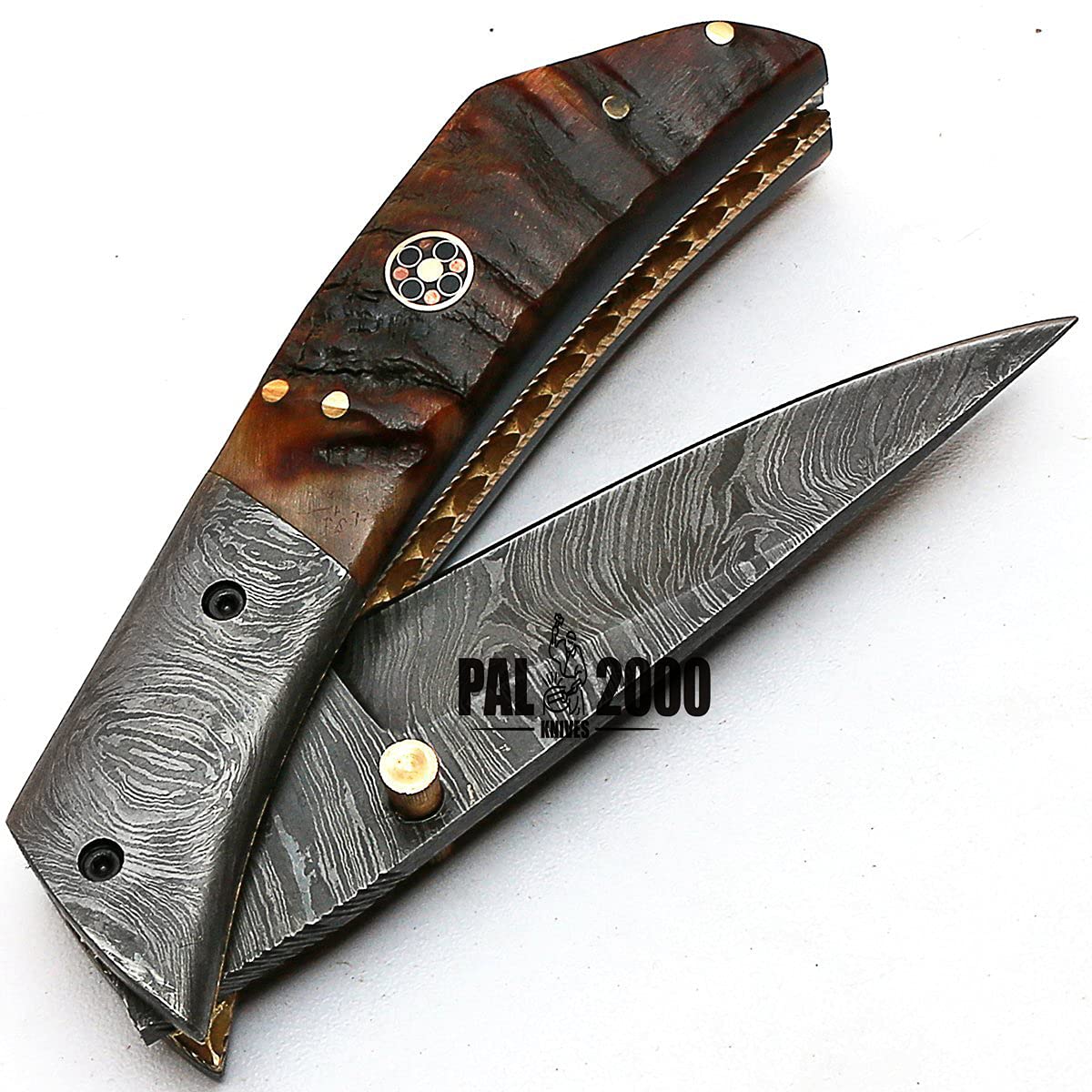 PAL 2000 HUNTING KNIVES Mmgn-8837 - Damascus Folding Knife - Handmade Damascus Steel - Damascus Pocket Knife - Ram Horn Handle, Black, Brown and Gray,