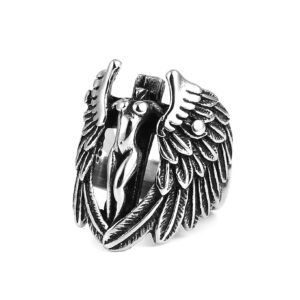 hzman vintage archangel goddess feather angel wing stainless steel ring (silver,9)