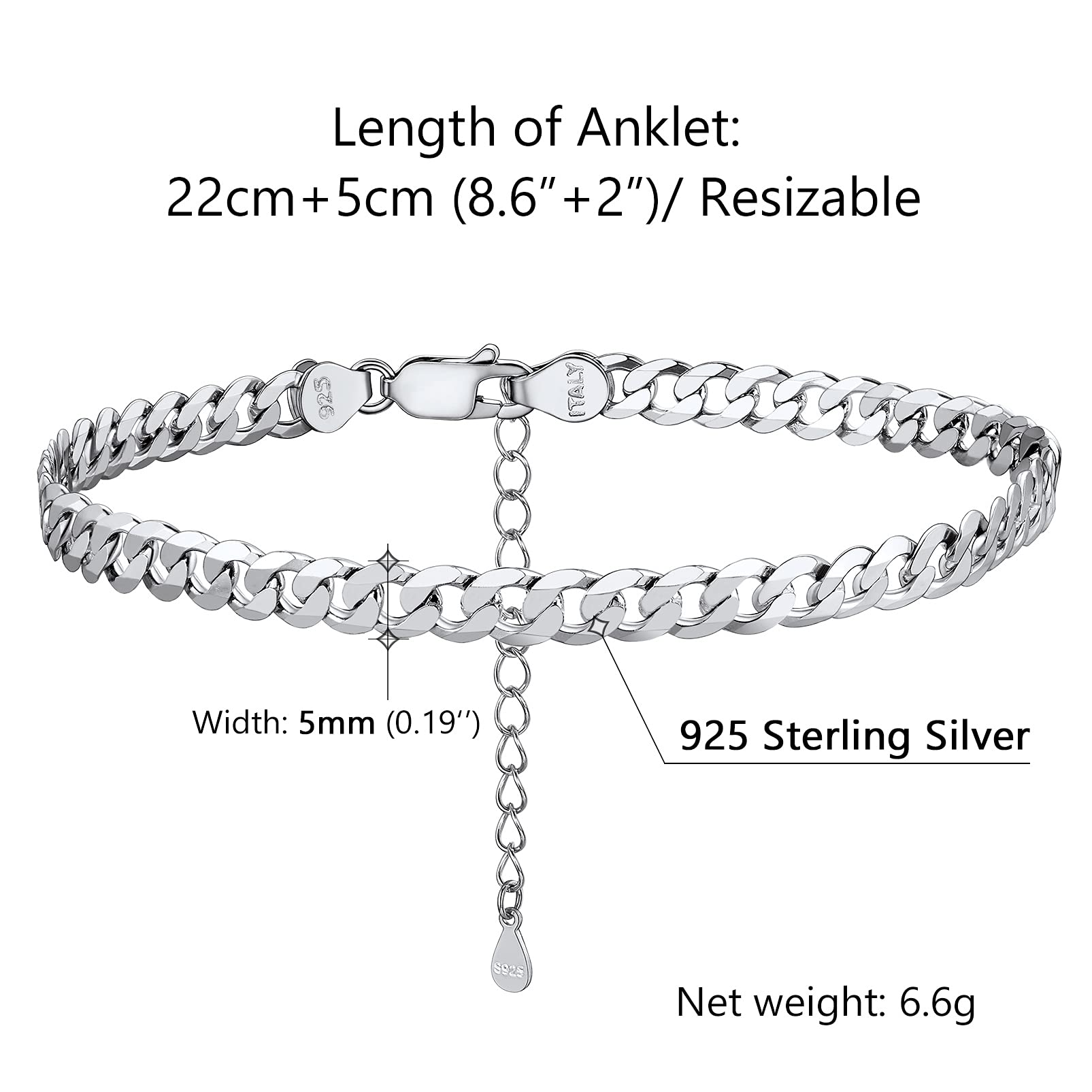 PROSILVER Sterling Silver Cuban Link Anklets For Women Womens Foot Chain Anklet Ankle Braclet