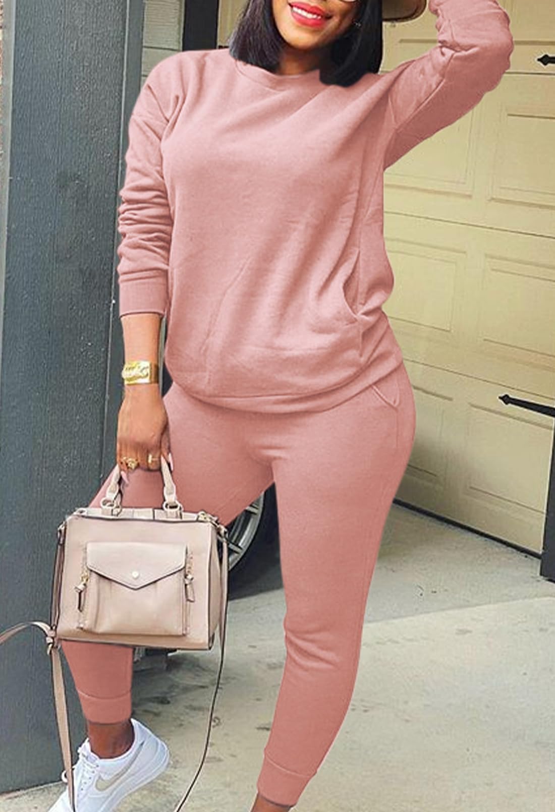 Fixmatti Women 2 Piece Sweatsuit Long Sleeve Tops Jogger Pants Workout Sets Tracksuit Pink M