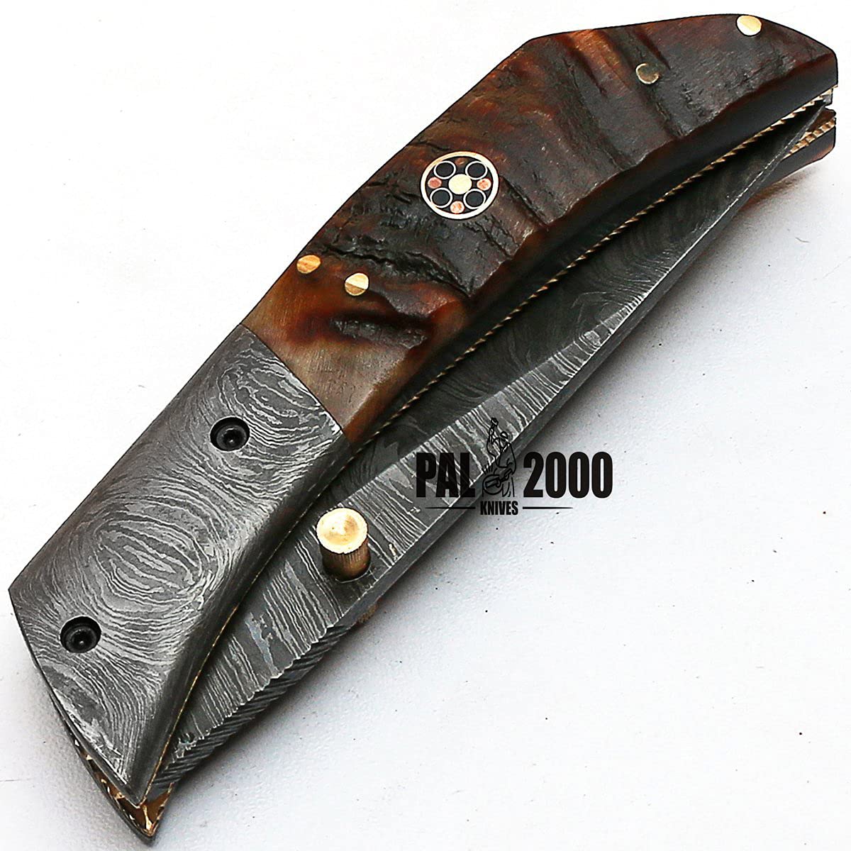 PAL 2000 HUNTING KNIVES Mmgn-8837 - Damascus Folding Knife - Handmade Damascus Steel - Damascus Pocket Knife - Ram Horn Handle, Black, Brown and Gray,