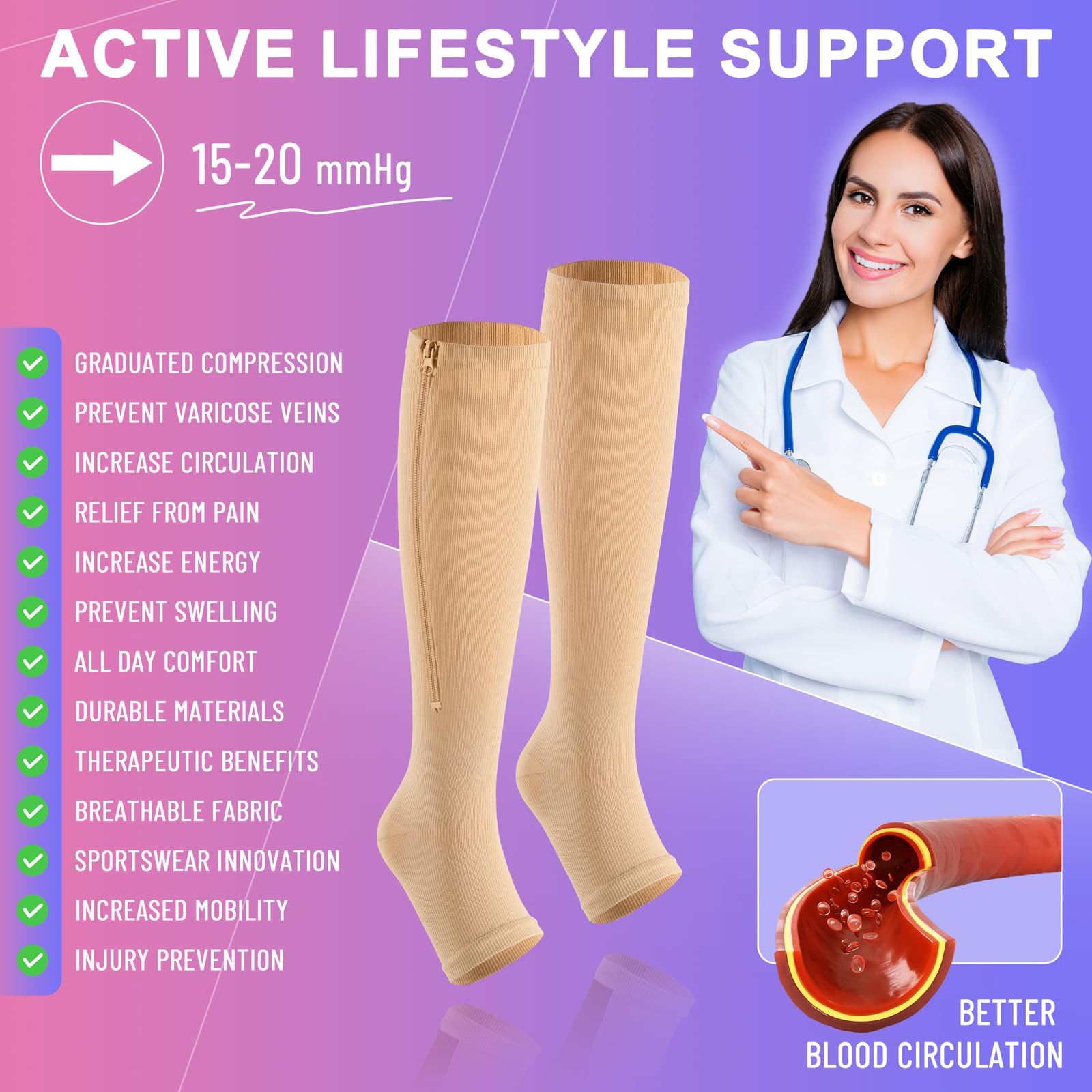 cerpite Zipper Compression Socks Men & Women - 2 Pairs Of 15-20mmhg Open Toe Compression Socks Knee High,Suit For Running