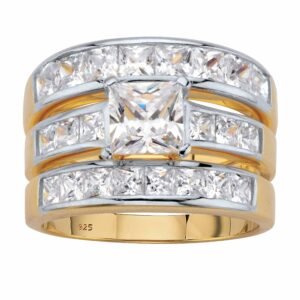 palmbeach yellow gold-plated or platinum-plated sterling silver princess cut cubic zirconia 3 piece bridal ring set size 9