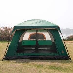 KTT Extra Large Tent 12 Person(A),Family Cabin Tents,2 Rooms,3 Doors and 3 Windows with Mesh,Straight Wall,Waterproof,Double Layer,Big Tent for Outdoor,Picnic,Camping,Family Gathering(Green)