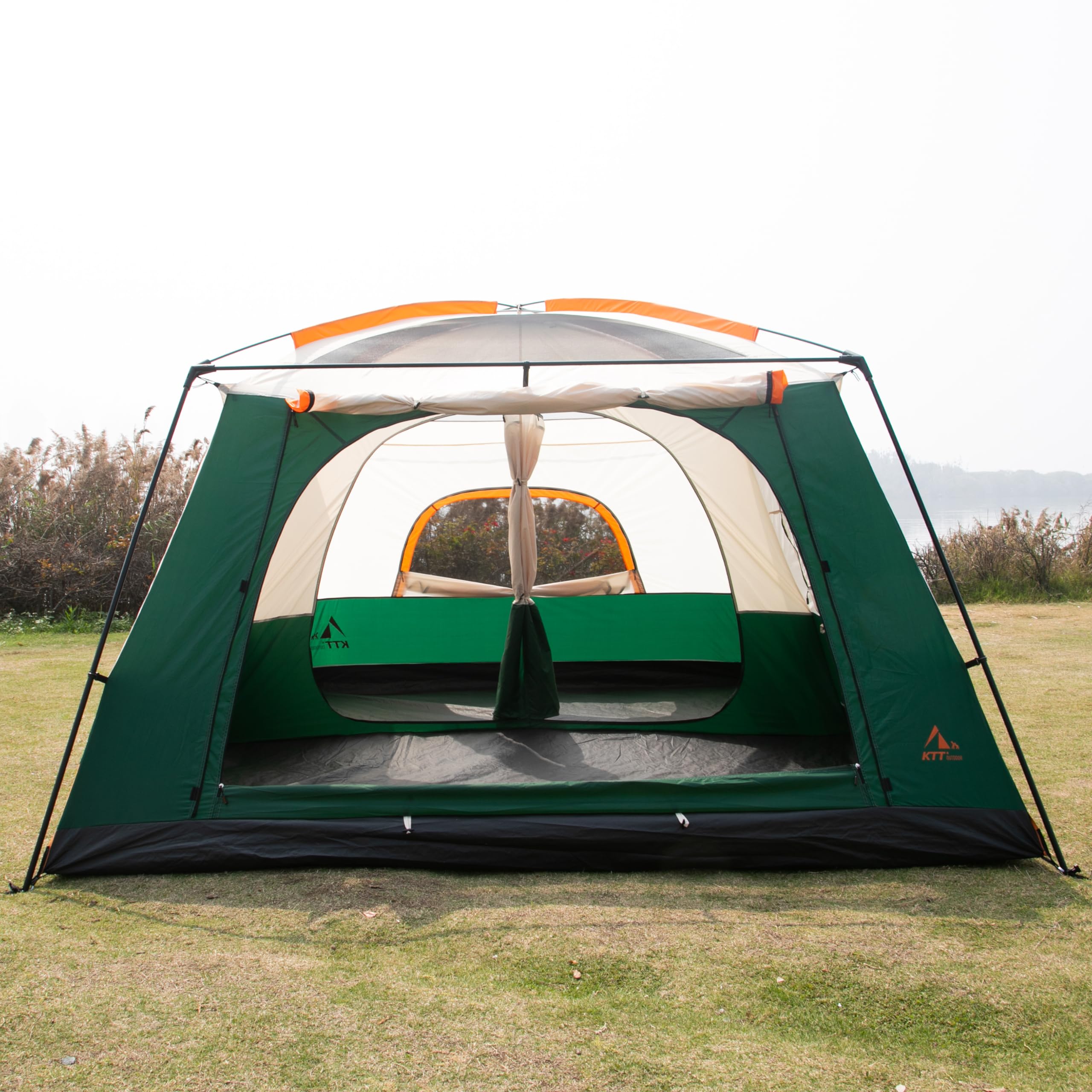 KTT Extra Large Tent 12 Person(A),Family Cabin Tents,2 Rooms,3 Doors and 3 Windows with Mesh,Straight Wall,Waterproof,Double Layer,Big Tent for Outdoor,Picnic,Camping,Family Gathering(Green)