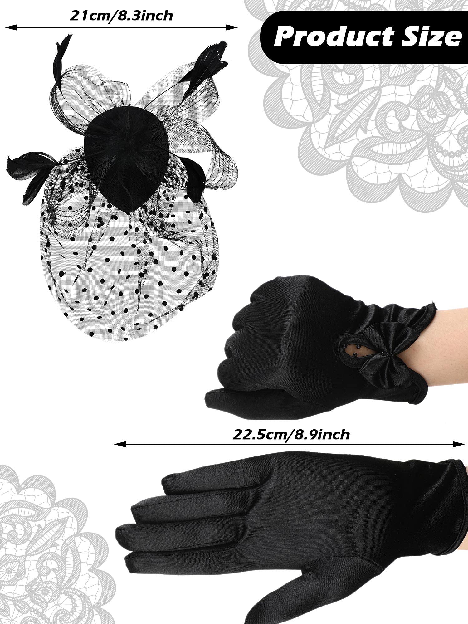 Geyoga 50s Fascinator Hat for Women Funeral Veil Hat Pillbox Cocktail Tea Party Headpiece and Lace Glove (Black,Elegant Style)