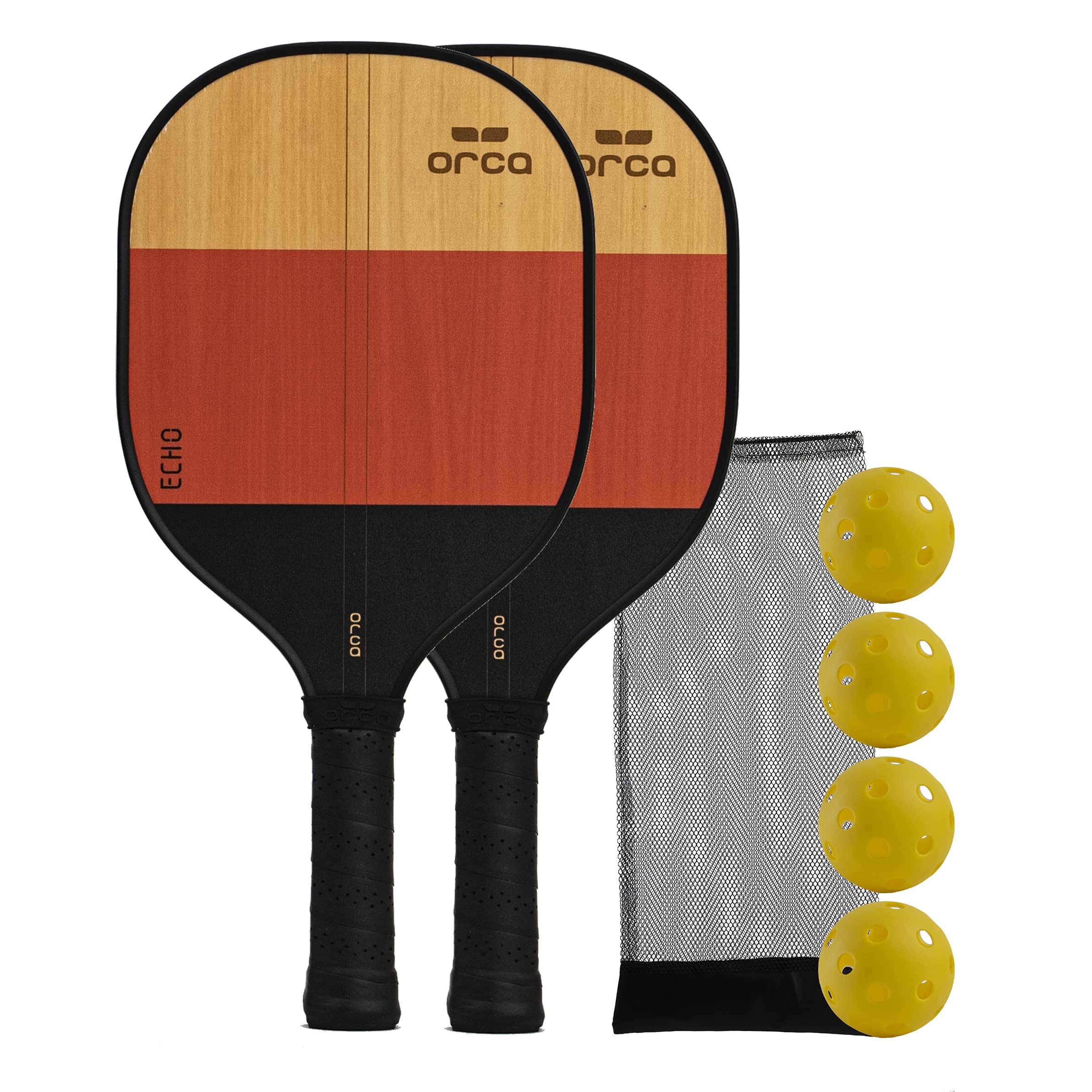 Orca Paddle Co. Echo Pickleball Paddles, Set of 2, with 4 Pickleballs, Mesh Bag - Racket for Beginners, Intermediate, Advanced Players - Pickle-Ball Accessories and Equipment