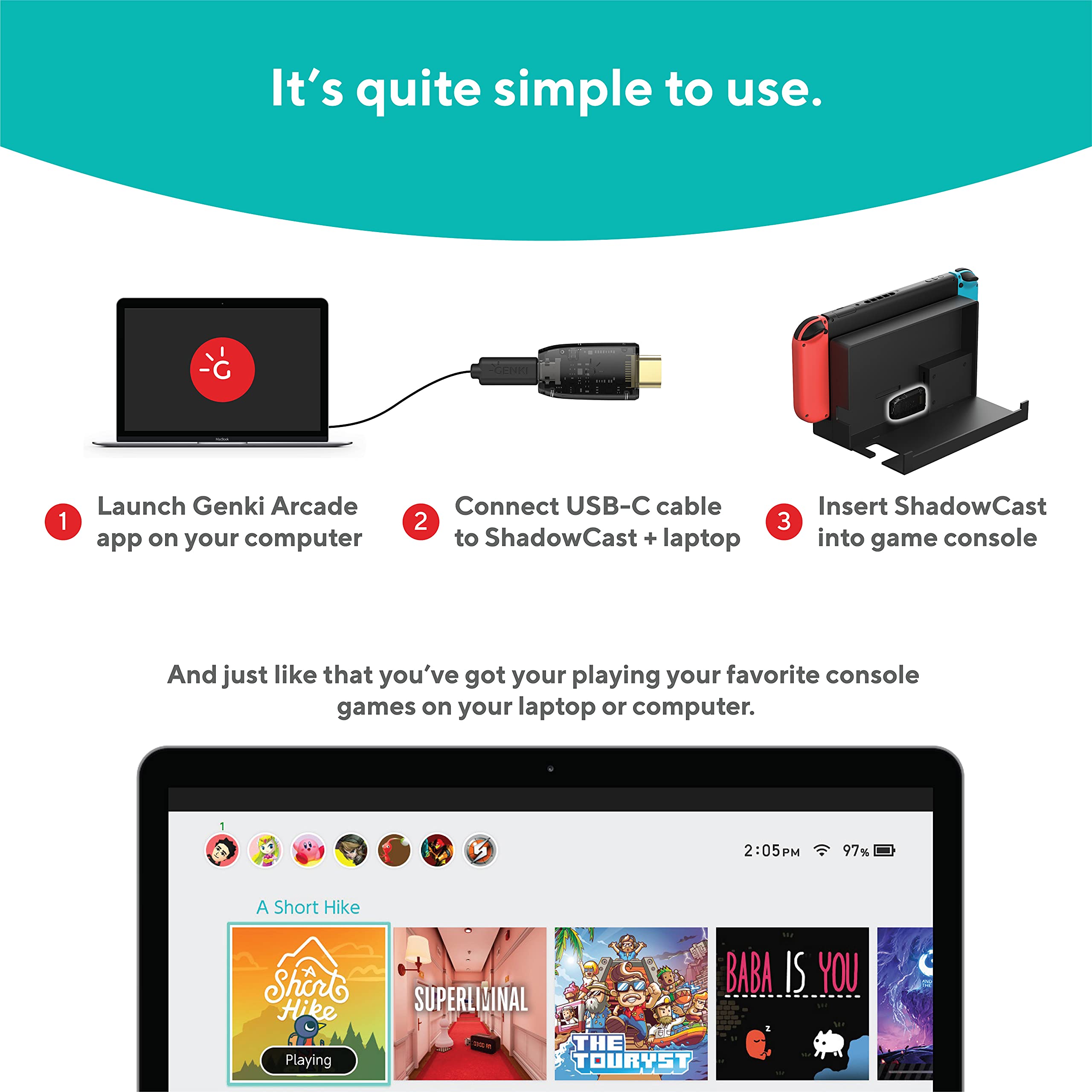 Human Things GENKI ShadowCast - Easily Connect and Play Game Consoles on The Laptop, Smallest Capture Card with Great Performance