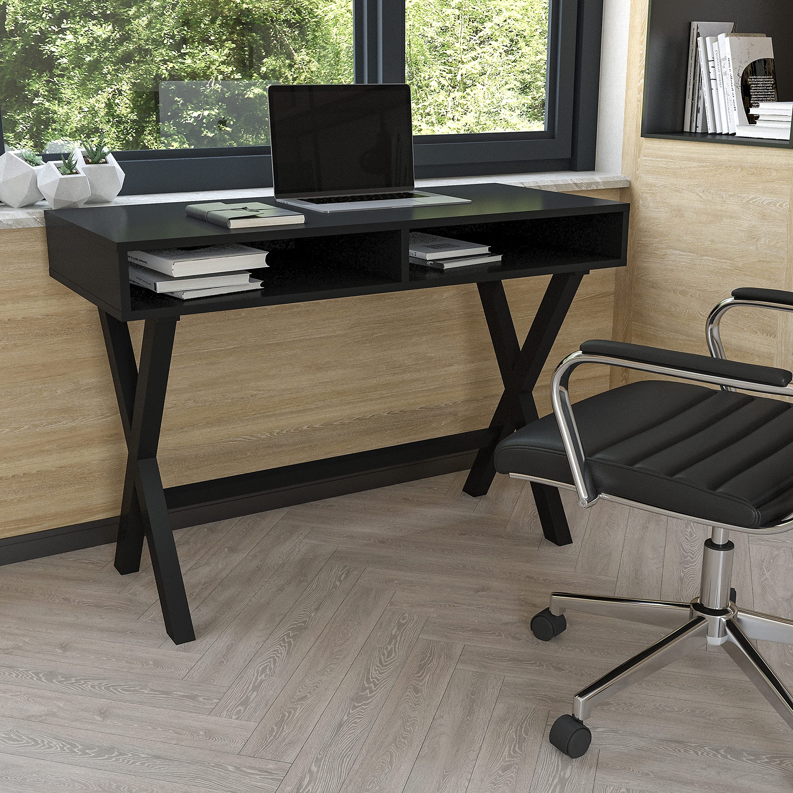 Flash Furniture Dolly Computer Desk - Black Writing Desk with Open Storage Compartments - 42" Long Home Office Desk Table for Bedroom