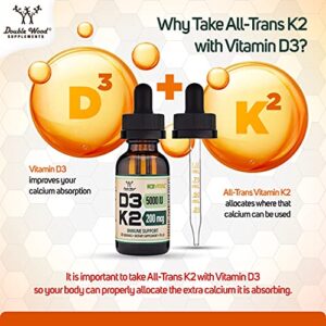 Vitamin D3 K2 5,000 IU Liquid Drops (5,000 IU of D3 and 200mcg of 99.9% All-Trans Patented K2 MK-7 (K2Vital)) Max Absorption Liquid Vitamin D Drops (30 Servings) by Double Wood