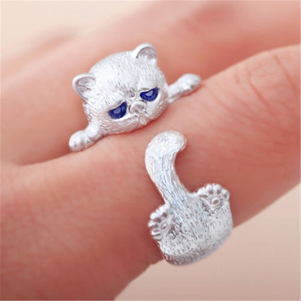 ROSTIVO Cat Ring for Women Cute Animal Ring Adjustable Open Rings (Silver)