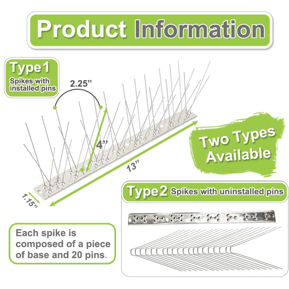 Valibe Bird Spikes Stainless Steel 60ft Coverage for Pigeons Small Birds Outdoor Use Bird Deterrent Strips Devices for Fence Crows Woodpeckers with 304 Stainless Steel Pins and Base Not Rusty