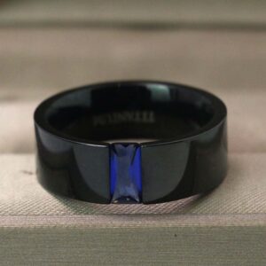 Ringcrown Couple Rings Black Rings Blue Cz Womens Wedding Ring Sets Titanium Steel Man Wedding Bands（Please Buy 2 Rings for 1 Pair）