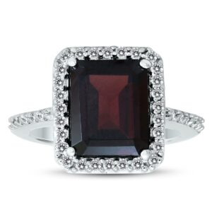 szul garnet and diamond halo cocktail ring in 14k white gold