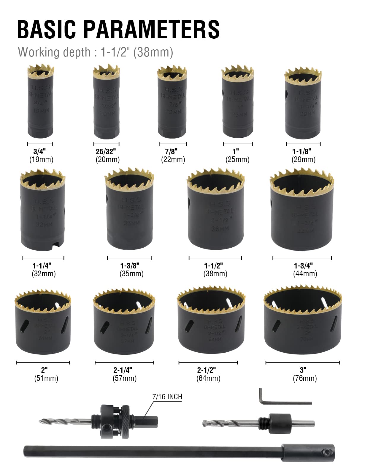 BINOTA M42 Bi-Metal Hole Saw, Set 17PC for Metal, Wood, Plywood, PVC, Gypsum, Composite, Stainless Steel Plate, Kit 19-76mm