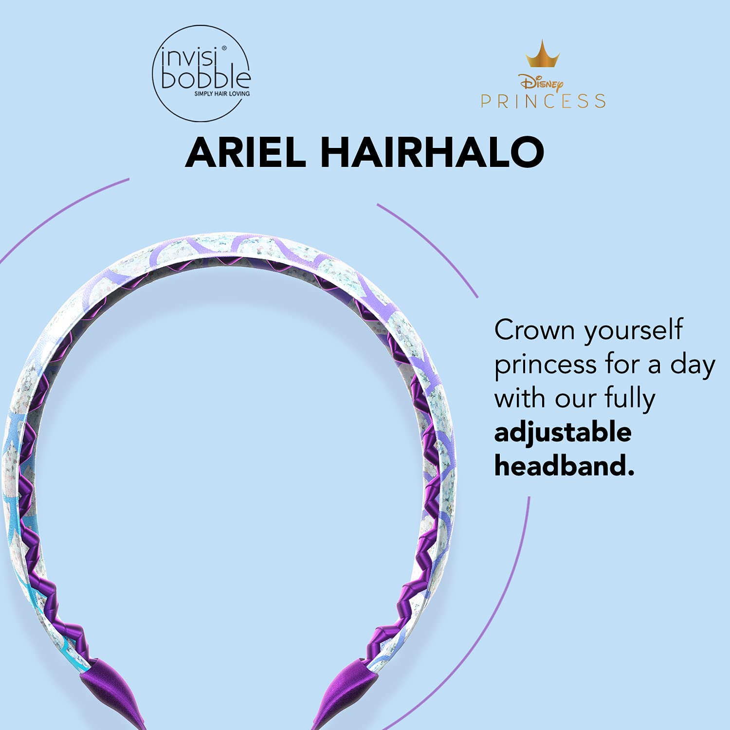 invisibobble HairHalo The Adjustable Headband – Disney Princess Ariel - Hairbands Made for Everyone - Individually Adapted to the Shape of the Head and Worn All Day with No Pain or Uncomfortable