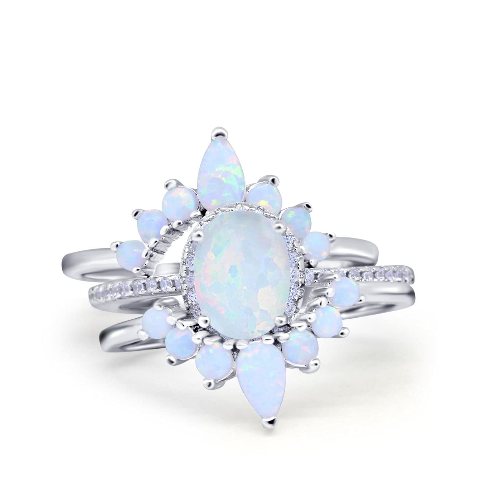 Blue Apple Co. Lab Created White Opal Size-10 Three Piece Set Oval Halo Lab White Opal Teardrop Art Deco Wedding Engagement Ring Vintage Band Simulated CZ 925 Sterling Silver