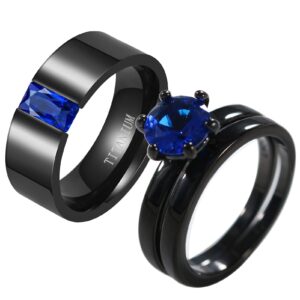 Ringcrown Couple Rings Black Rings Blue Cz Womens Wedding Ring Sets Titanium Steel Man Wedding Bands（Please Buy 2 Rings for 1 Pair）