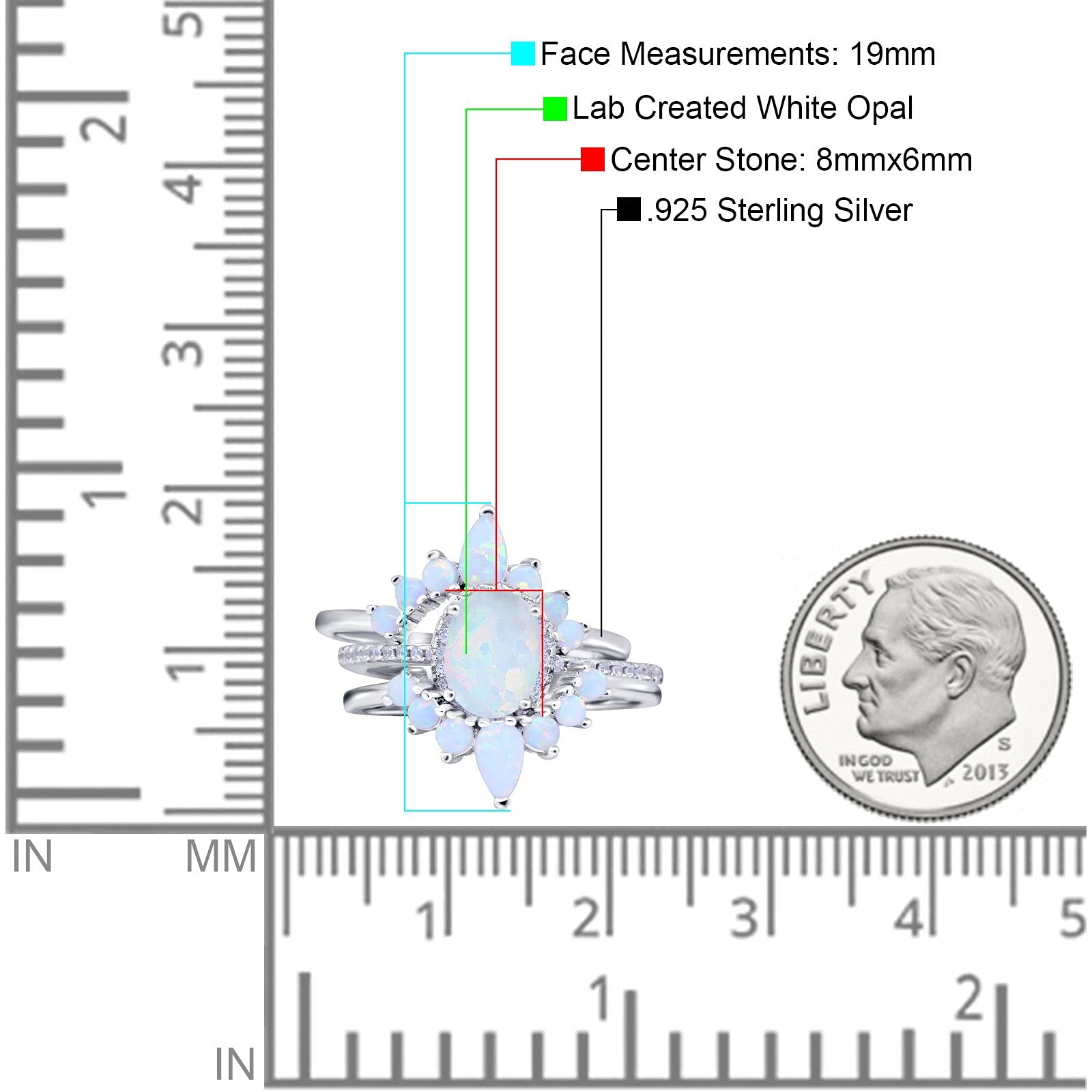 Blue Apple Co. Lab Created White Opal Size-10 Three Piece Set Oval Halo Lab White Opal Teardrop Art Deco Wedding Engagement Ring Vintage Band Simulated CZ 925 Sterling Silver
