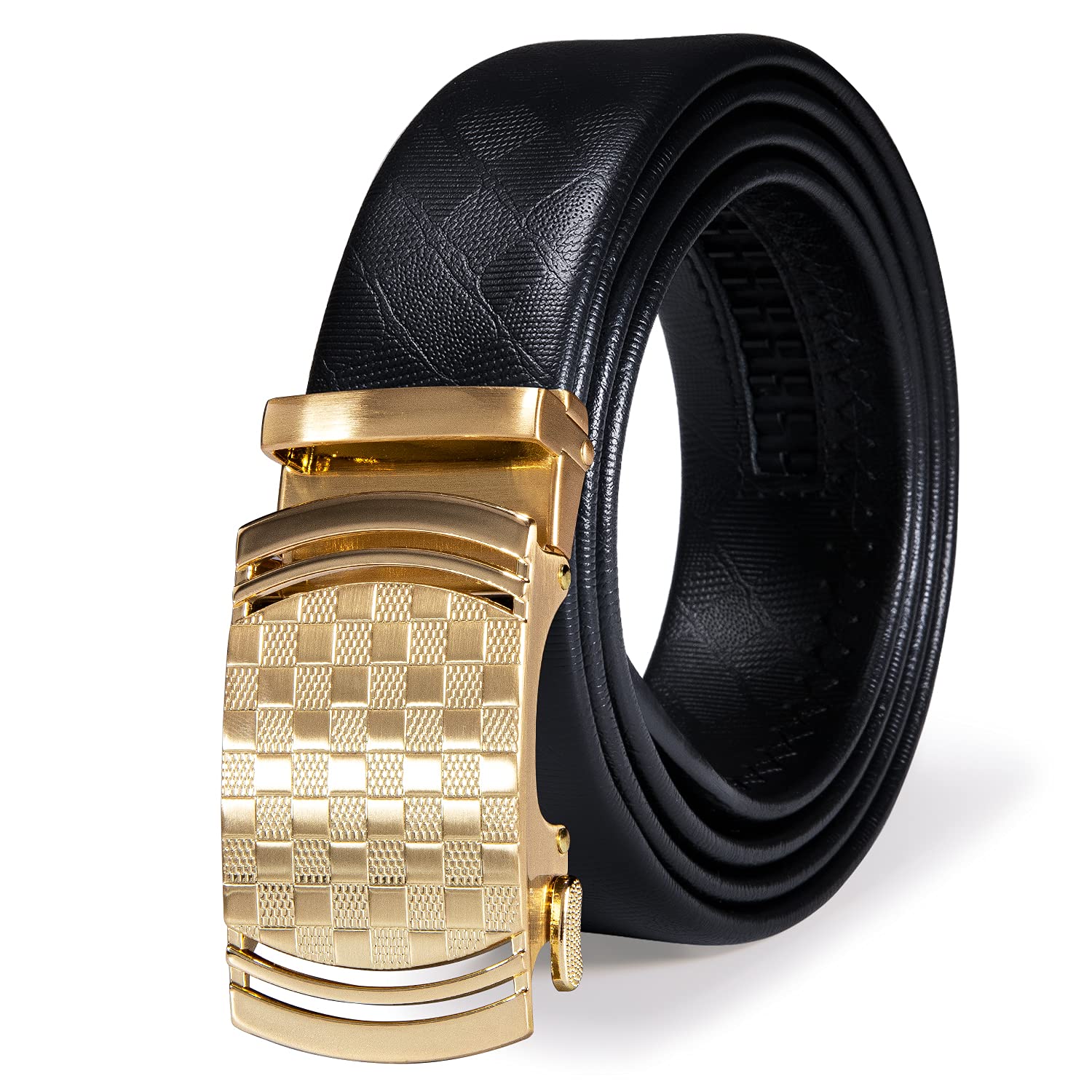 Dubulle Men's Ratchet Belt Fashion Gold Plaid Design Automatic Slid Buckle Black Ratchet Belt Trim to Fit Business Casual Belt with Exquisite Box