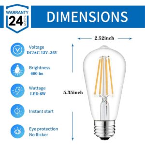 12V Edison Bulb 6W E26 12V LED Bulb 3000K 60W Equivalent, AC/DC 12V 24V Low Voltage LED Light Bulb for RV Camper Marine, Off Grid Cabin, 4 Pack