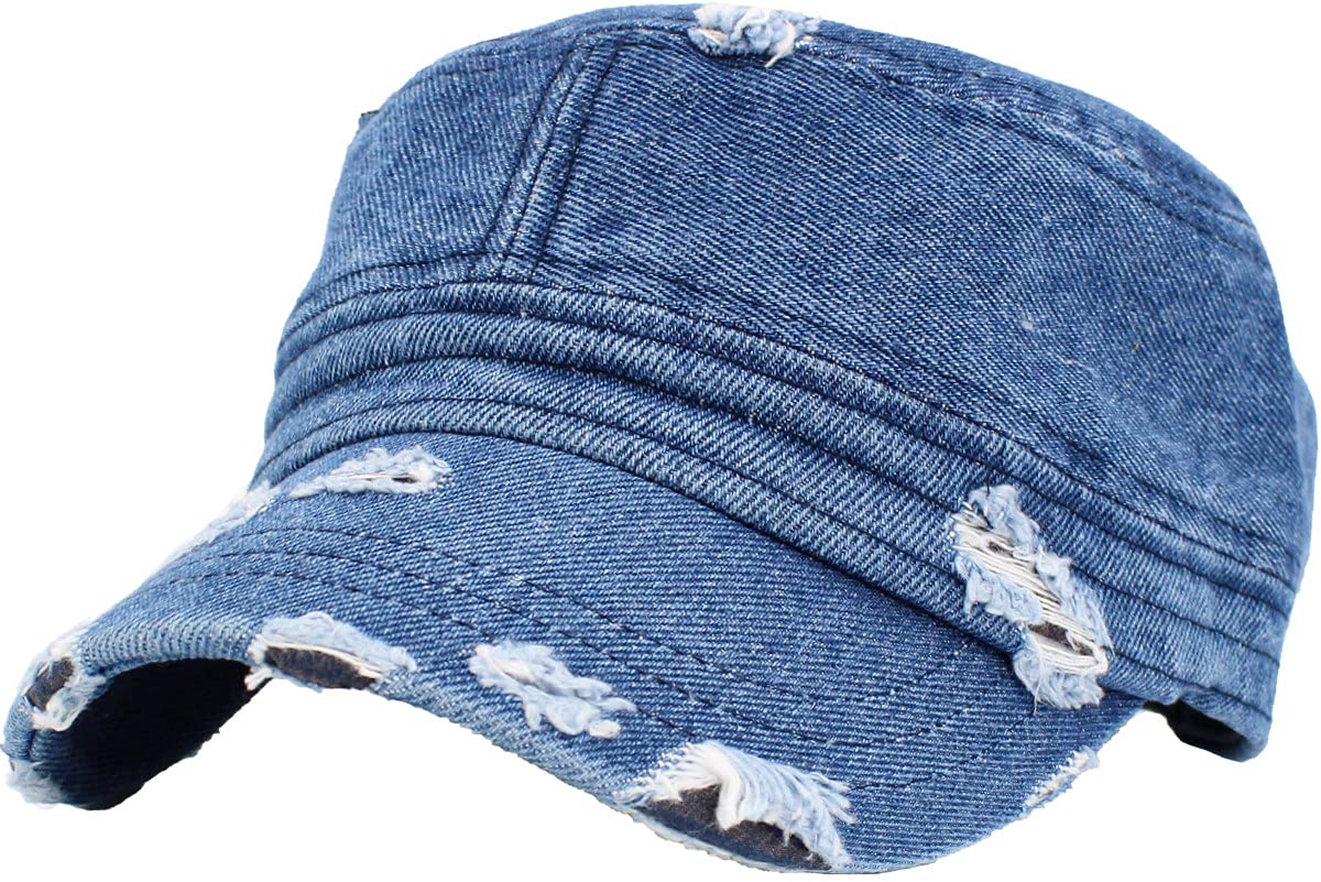 Funky Junque Military Style Cadet Hat Army Vintage Distressed Adjustable Cap - Distressed Denim