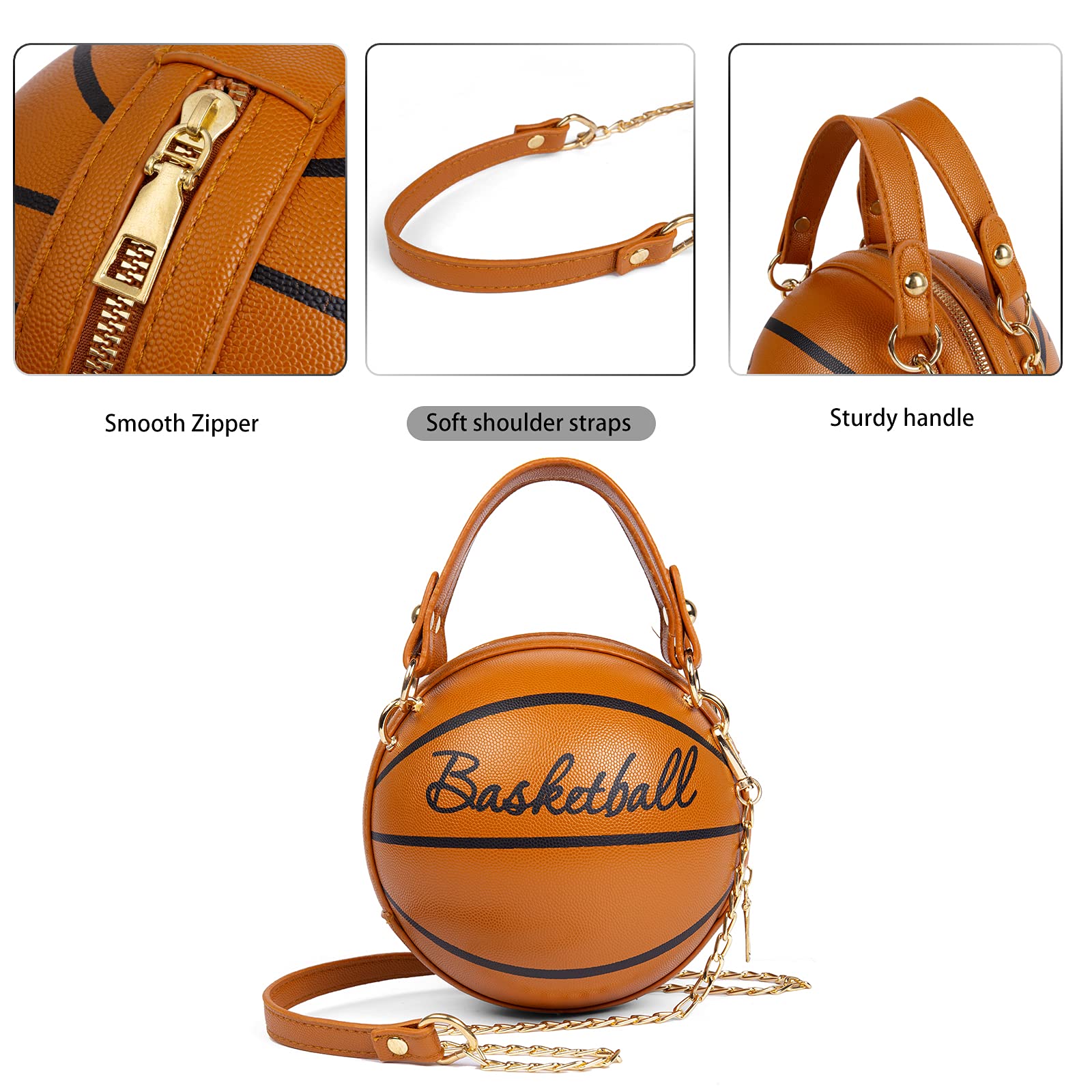 OHIW Women's basketball shoulder bag Messenger Bag handbag mini round bag PU bag, Zipper closure, suitable for women (brown)