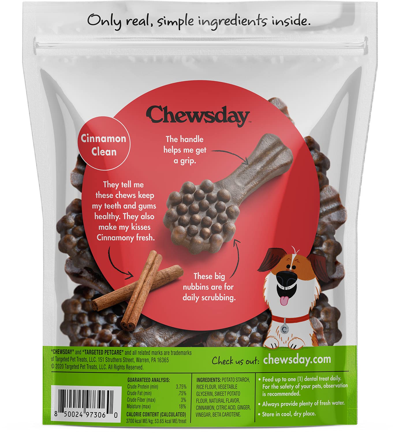 Chewsday Small Cinnamon Clean Daily Dental Dog Chews, Made in The USA, Natural Highly-Digestible Oral Health Treats for Healthy Gums and Teeth - 14 Count