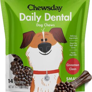 Chewsday Small Cinnamon Clean Daily Dental Dog Chews, Made in The USA, Natural Highly-Digestible Oral Health Treats for Healthy Gums and Teeth - 14 Count