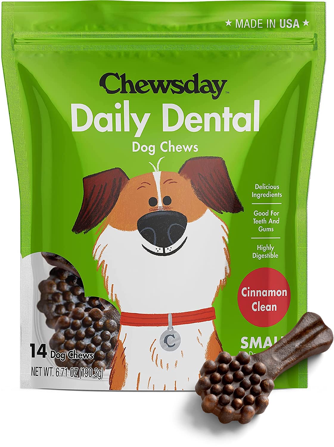 Chewsday Small Cinnamon Clean Daily Dental Dog Chews, Made in The USA, Natural Highly-Digestible Oral Health Treats for Healthy Gums and Teeth - 14 Count