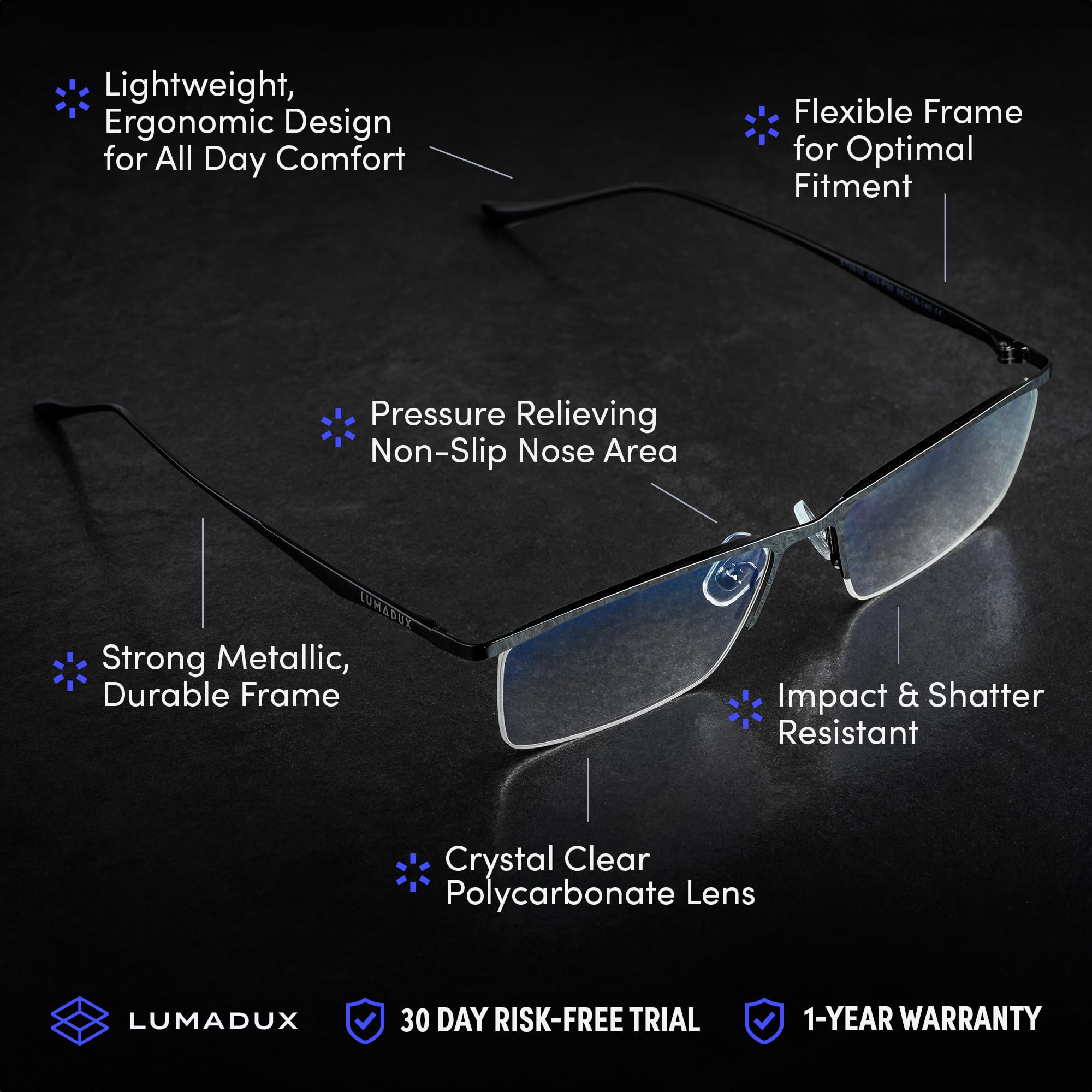 Lumadux Computer Blue Light Glasses Men Blocking for Reading, Eye Strain Headaches and Blurry Vision | Blocker Gaming Glasses (Titanium Black, 1.5, x)