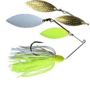 tackle hd trophy bass company ozark flash spinnerbait, 3/8 oz fish bait with two-toned, hammered brass willow spinner blades, freshwater bass fishing lure, chart head/white chartreuse