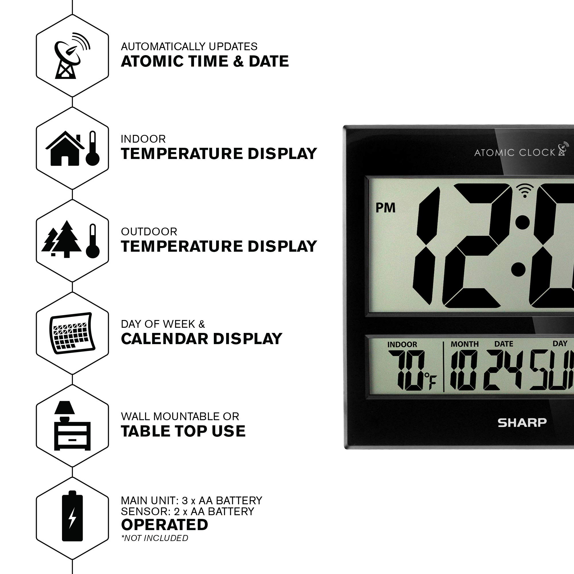 Sharp Atomic Clock - Never Needs Setting! - Jumbo 3" Easy to Read Numbers - Indoor/Outdoor Temperature Display with Wireless Outdoor Sensor - Gloss Black