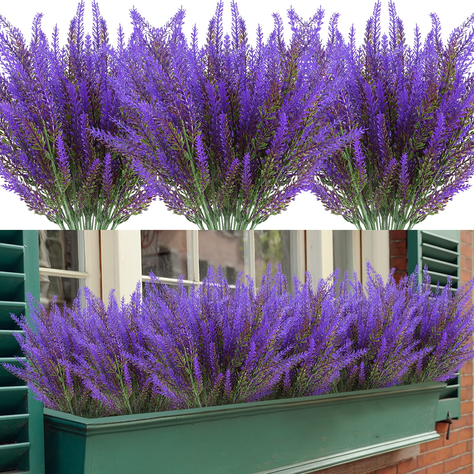 ZEOSTARO Artificial Lavender Flowers 12 Bundles Outdoor UV Resistant Fake Flowers No Fade Faux Plastic Plants Garden Porch Window Box Decorating (Purple)