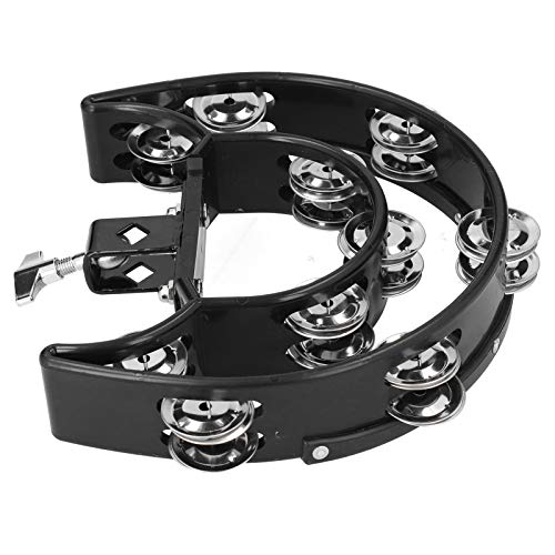 Hand Held Double Row Tambourine, Metal Jingles Half Moon Hi Hat Tambourine with Mounting Bracket for Drummers Guitarists