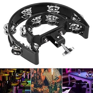 Hand Held Double Row Tambourine, Metal Jingles Half Moon Hi Hat Tambourine with Mounting Bracket for Drummers Guitarists