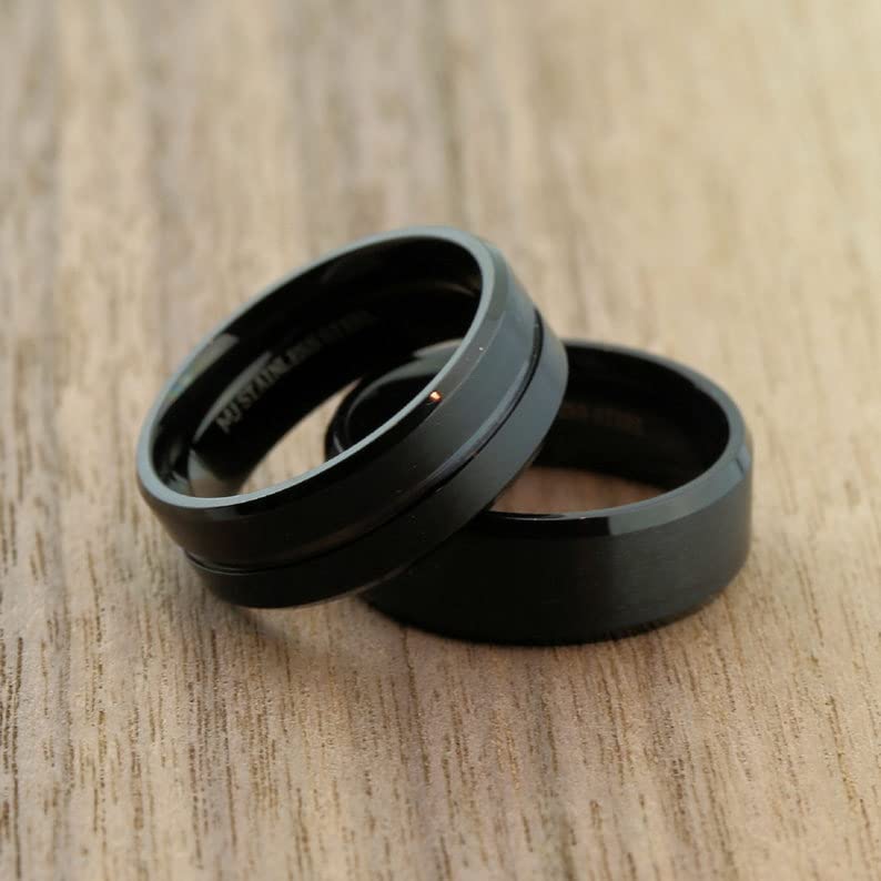 MJ Metals Jewelry Custom Engraved 8mm Black Plated Stainless Steel Brushed Center Beveled Edge Band Ring Size 11