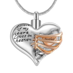 A piece of my heart lives in heaven Two Tone Locket Heart Cremation Memorial Ashes Urn Necklace Jewelry Stainless Steel Keepsake Pendant Women/Men Gift (brother)