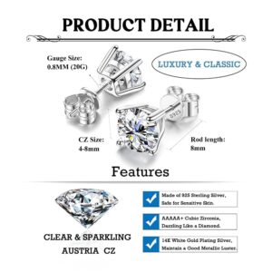 Sllaiss Sterling Silver Cubic Zirconia Stud Earrings for Women Men 14k White Gold Plated Round CZ Earrings for Sensitive Ear (4MM (0.5CT), SILVER)