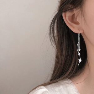 4 Pcs Star Chain Tassel Threader Earrings for Women Silver Lightweight Star Beaded Curved Ear Line Wave Dangle Drop Earrings Minimalist Charm Long Threader Earrings Set (Silver-4 Pcs)