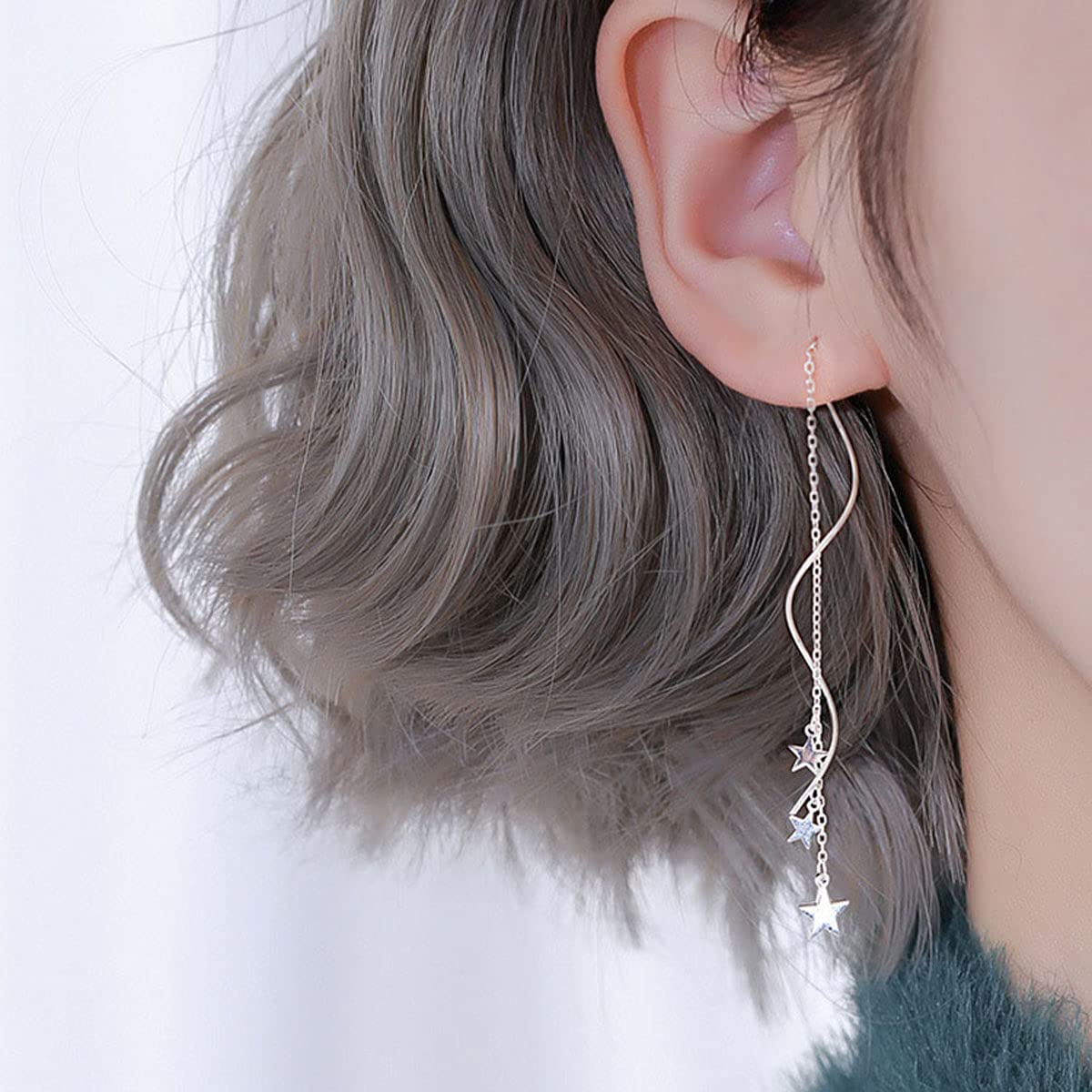 4 Pcs Star Chain Tassel Threader Earrings for Women Silver Lightweight Star Beaded Curved Ear Line Wave Dangle Drop Earrings Minimalist Charm Long Threader Earrings Set (Silver-4 Pcs)