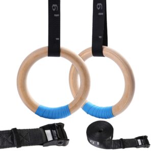 yoelvn wood gymnastic rings with adjustable number suspension trainer straps with cam buckle 15ft olympic rings 32/28mm heavy duty 1543/992lbs for pull up bar workout exercise gym hanging rings indoor