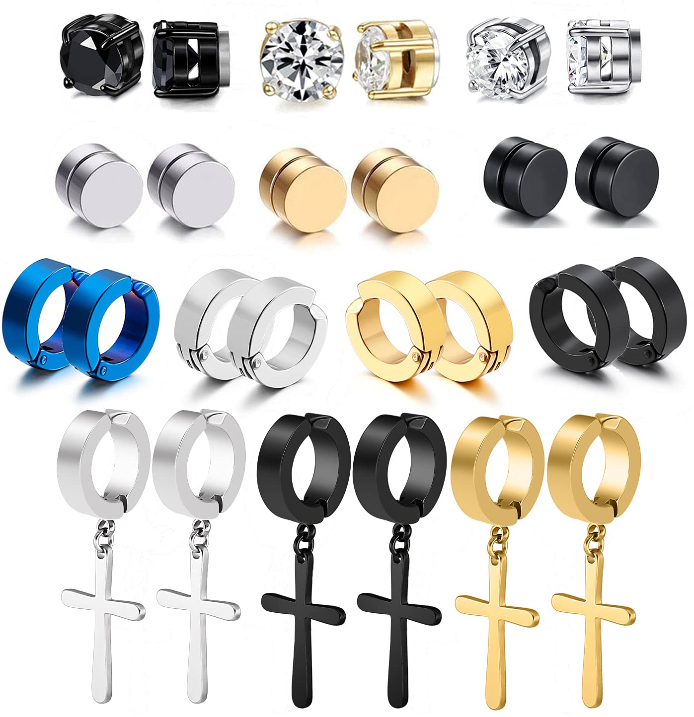 WAINIS 13 Pairs Stainless Steel Non Pierced Earrings for Men Women CZ Clip on Dangle Earrings Set