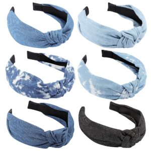 tobatoba denim wide no-slip fashion boho turban elastic headbands - blue jean knotted top knot headbands for women and girls